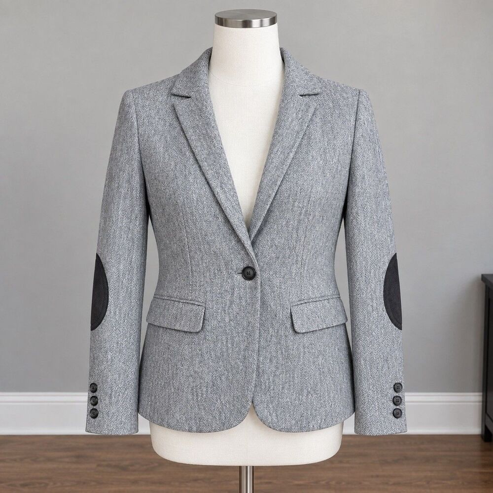 LOFT Women Blazer Size 6 Gray Herringbone Elbow Patch One Button Preppy Academia
